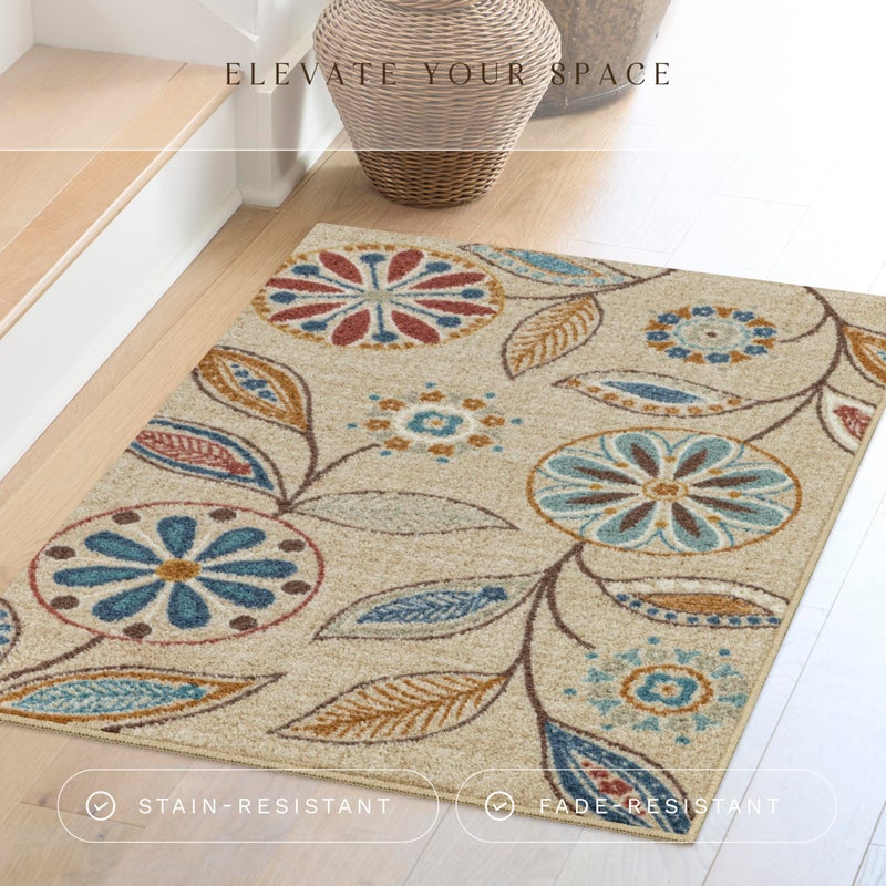 Maples Rugs Reggie Floral Kitchen Rug - Made in USA - Washable, Non Slip Indoor Carpet for Entryway, Foyer, Kitchen, and Bathroom, 2'6 x 3'10, Beige - Image 2
